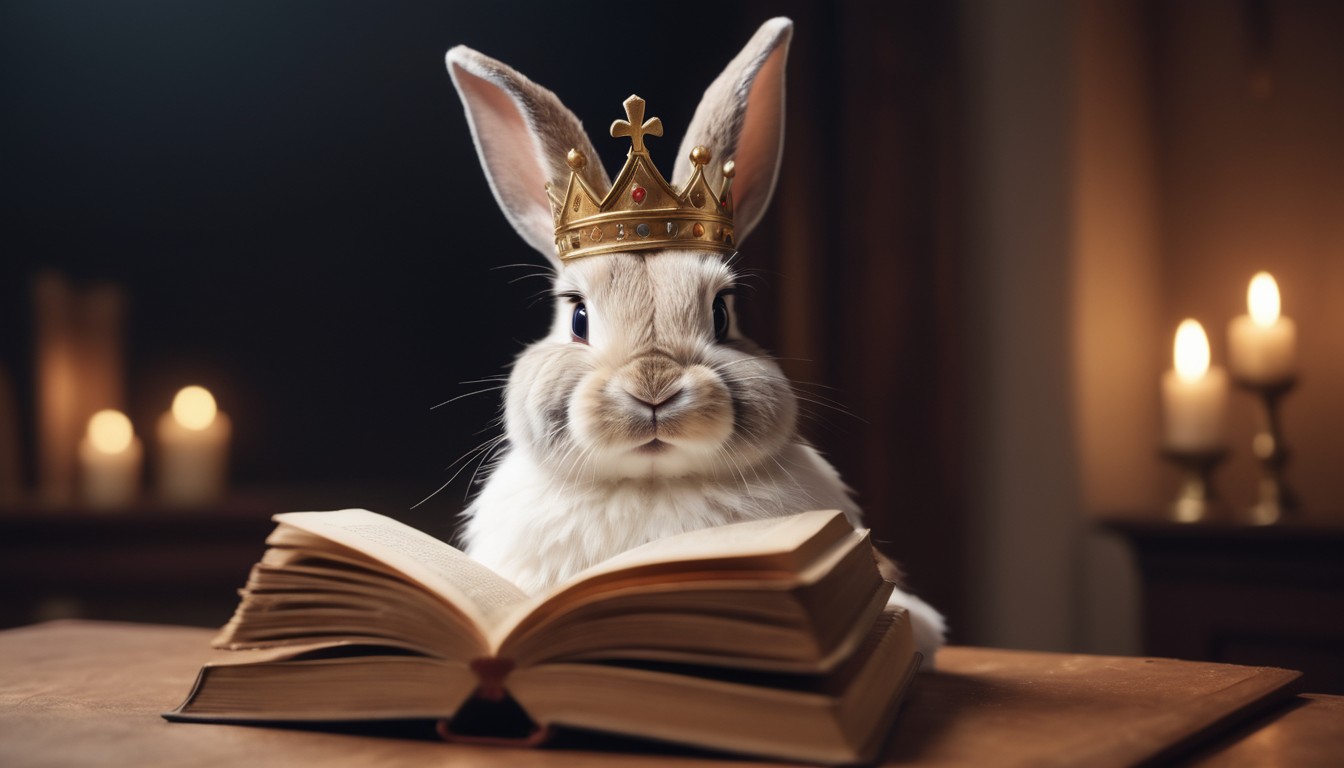 Un lapin qui porte une couronne, devant un livre ouvert